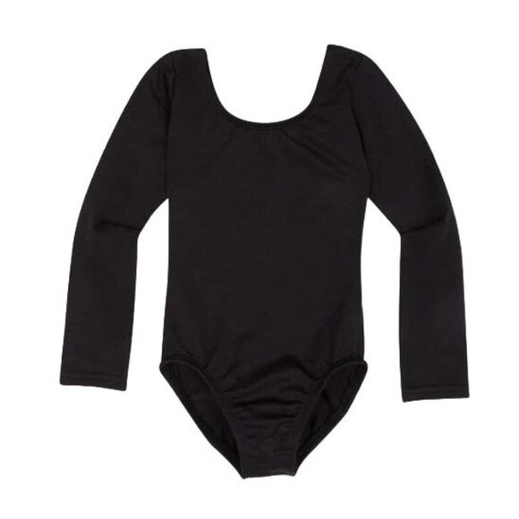 Childs Black Leotard Long Sleeve Scoop Neck Bodysuit Dance Performance I 6X-7 - Picture 1 of 8
